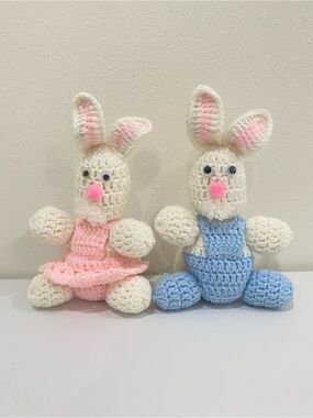 Vintage Set Of 2 Handmade Crochet Bunny Bunnies Rabbits Knitted Easter Pink Blue
